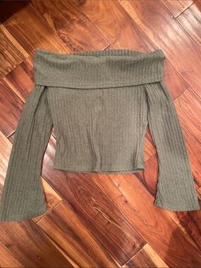 Cider Olive Off-the-Shoulder Ribbed Knit Sweater